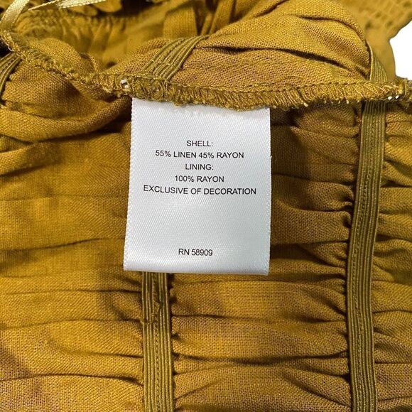 NWT A Loves A Straw Mustard Ruched Puff Long Sleeve Cropped Blouse Linen Blend S - Picture 6 of 12